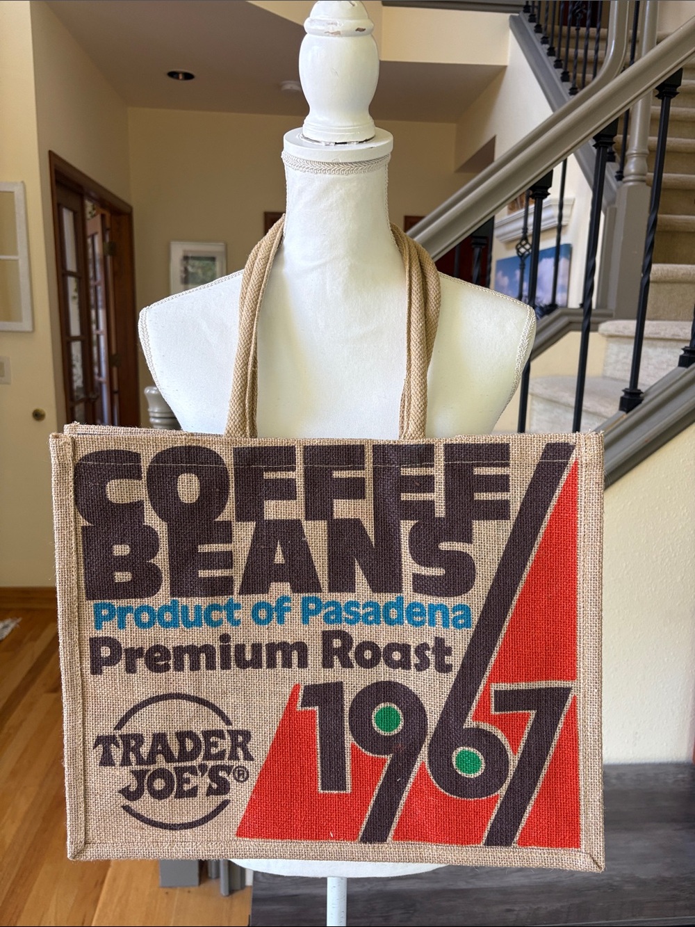 NWOT Trader Joe's Coffee Beans Burlap Tote Bag - Red, Green, Blue Print